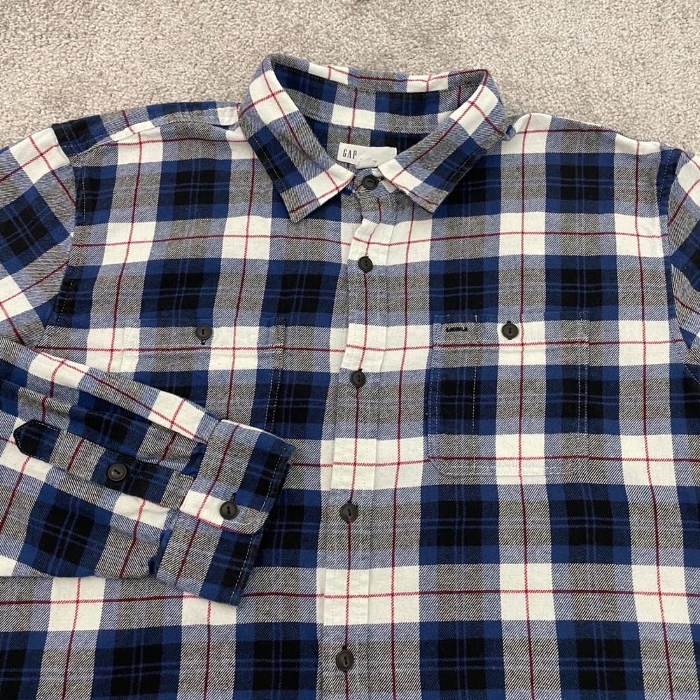Gap Shirt Mens XL Standard Fit Blue White Plaid Button Down Flannel Heritage